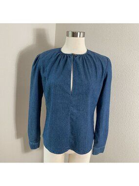 RACHEL COMEY Womens 4 Denim Blouse With Keyhole Neckline Long Sleeve Shirt Top